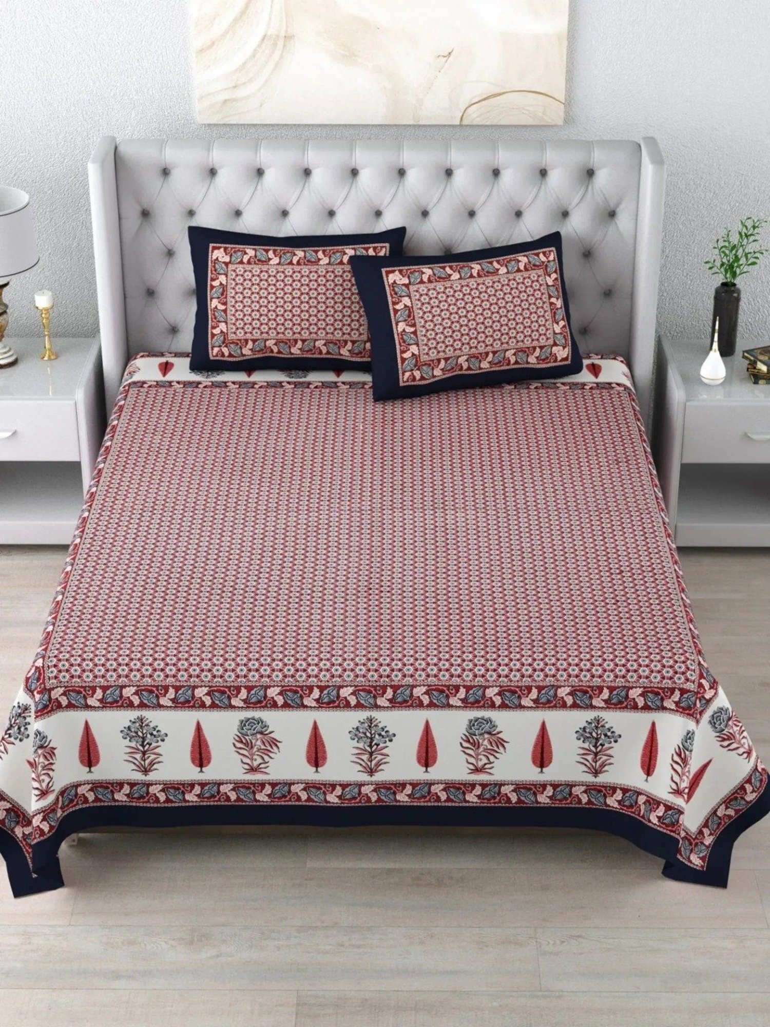 Living Roots Abstract Blue 300 TC Cotton Bedsheet with 2 Pillow Covers