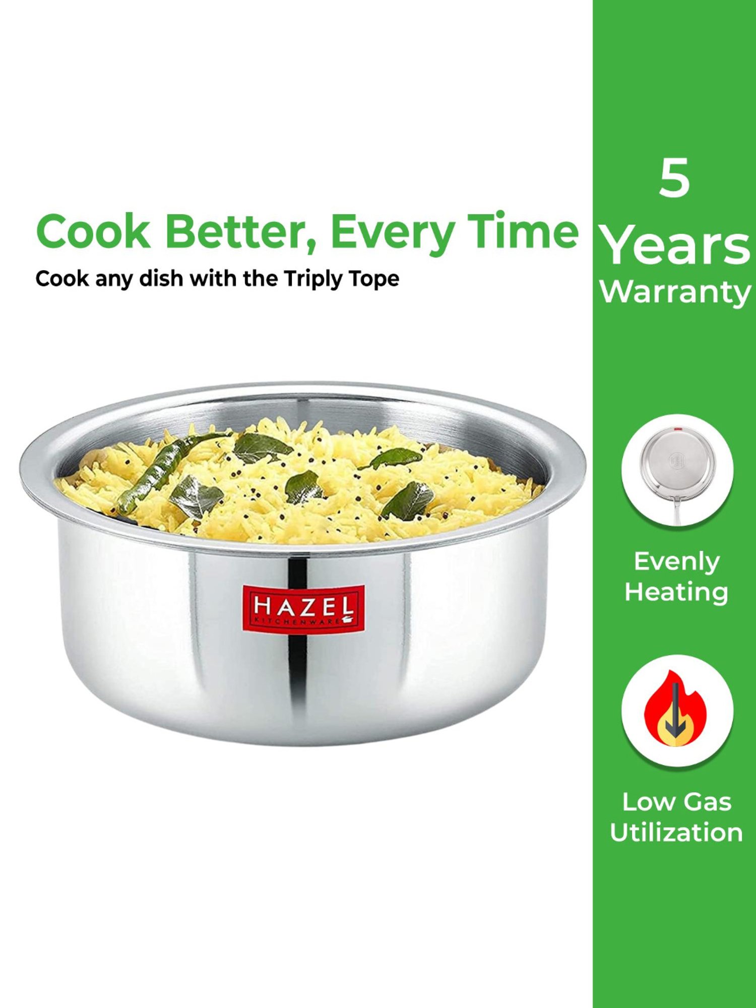 HAZEL Triply Stainless Steel Induction Bottom Tope With Stainless Steel Lid, 4.6 Litre, 23 cm