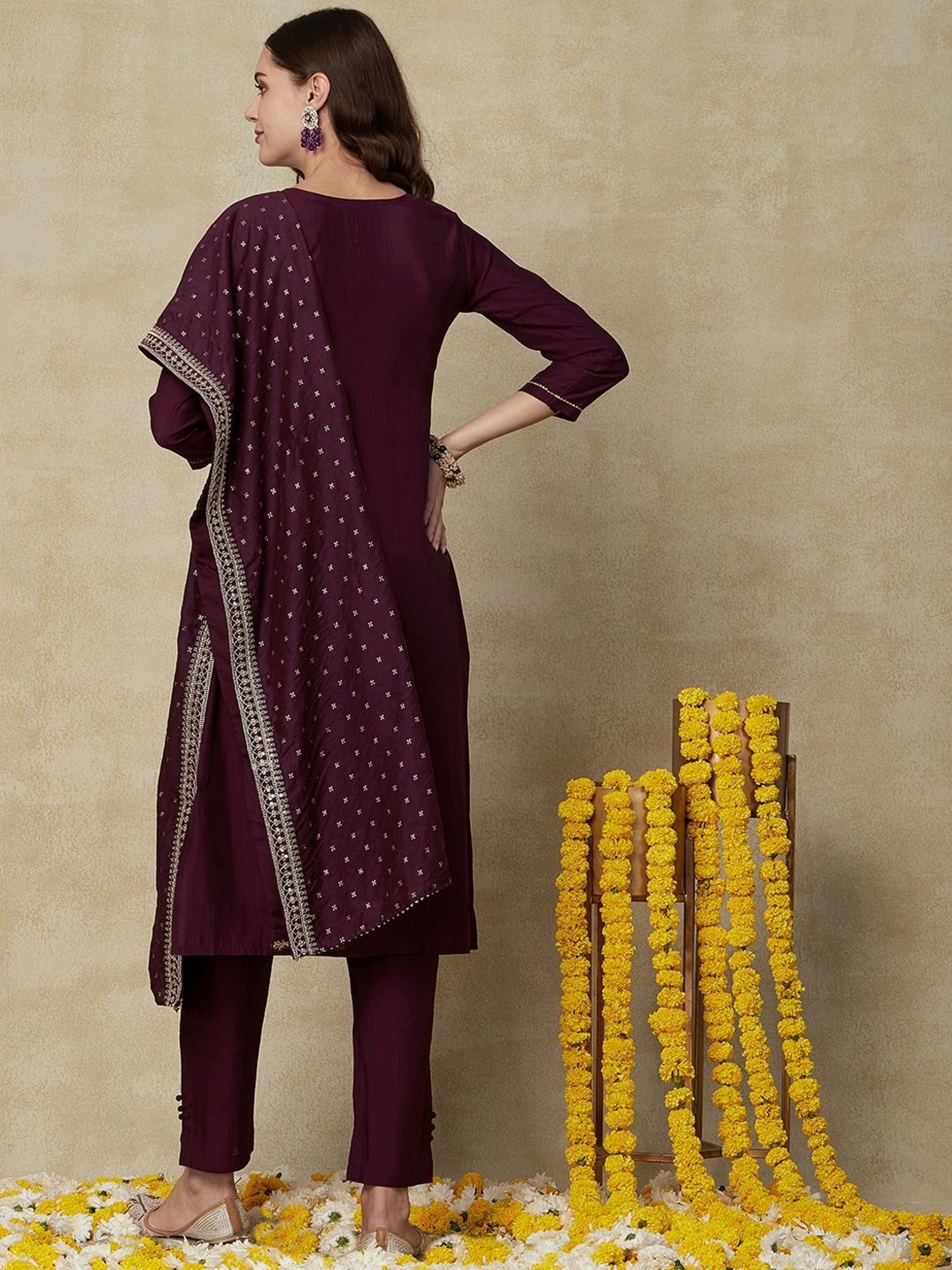 Fashor Wine Embroidered Kurta Pant Set With Dupatta