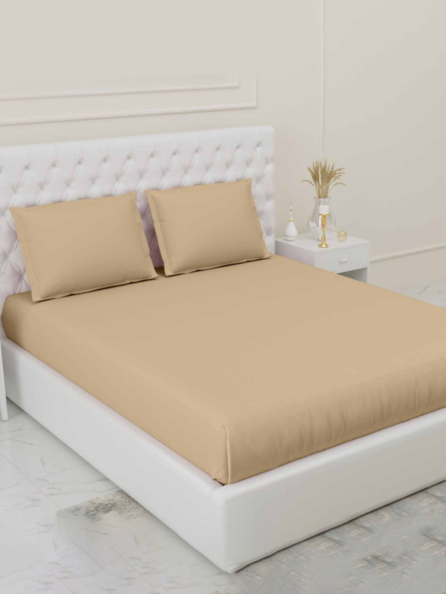 Haus & Kinder Solid Beige 300 TC Cotton Bed Sheet with 1 Pillow Cover