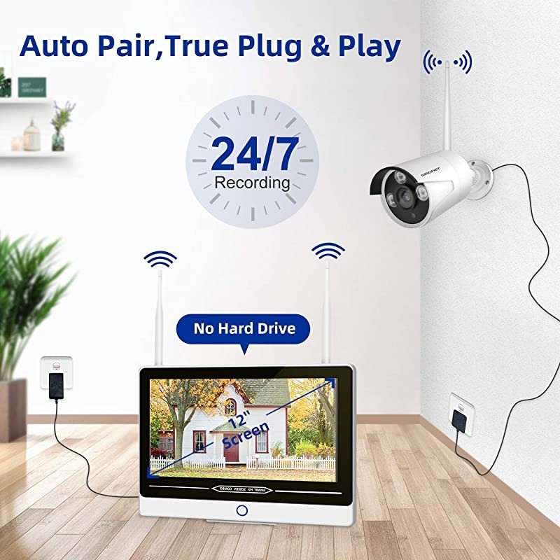 2021 New?  All in One with 12&rdquo; Monitor 1080P Security Camera System Wireless,8-Channel Indoor Outdoor Home Camera System,4pcs 2.0MP(1080P) Waterproof Bullet IP Cameras,P2P,Free APP,NO HDD