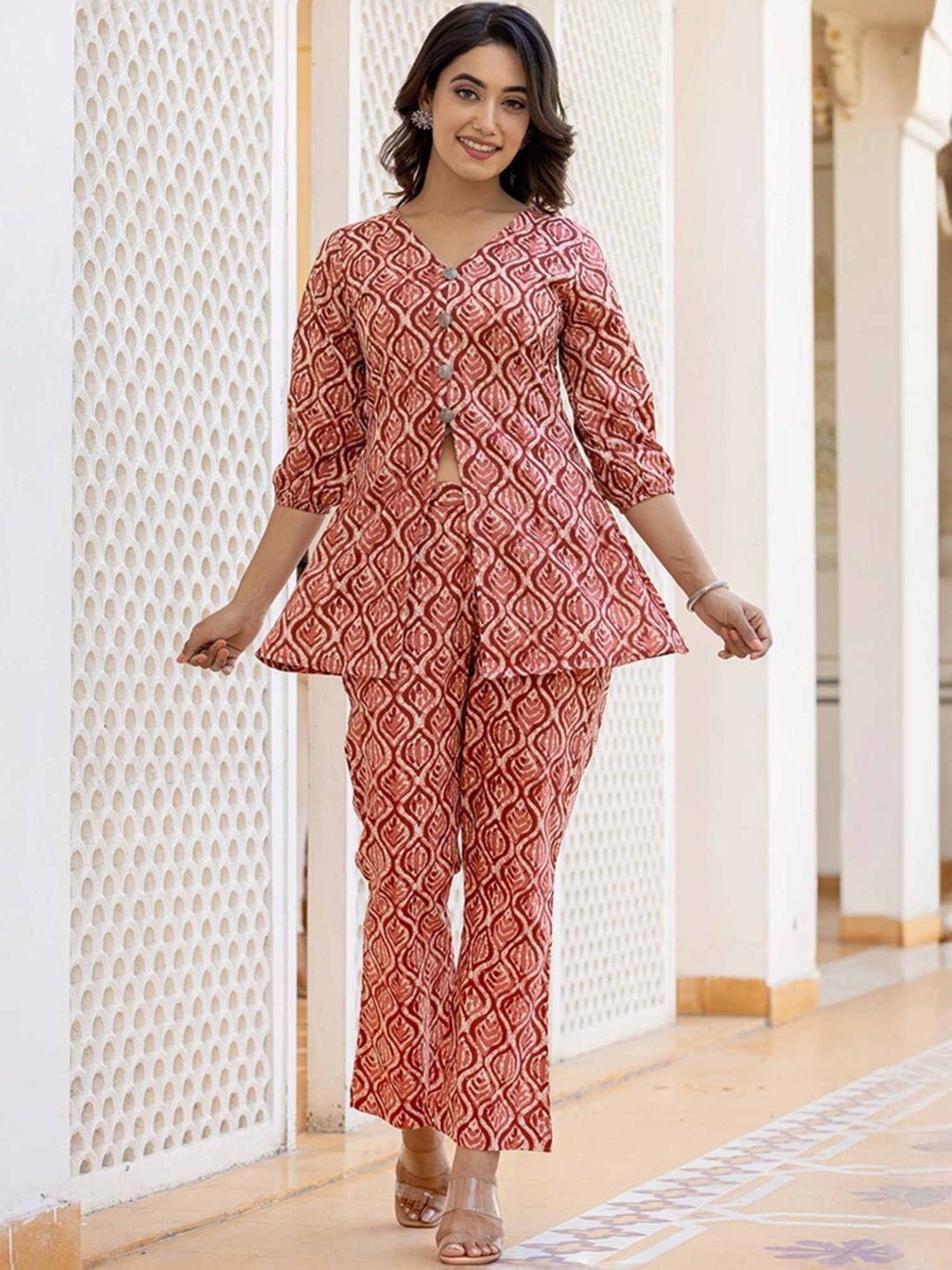 Yufta Maroon Cotton Printed Tunic Pant Set