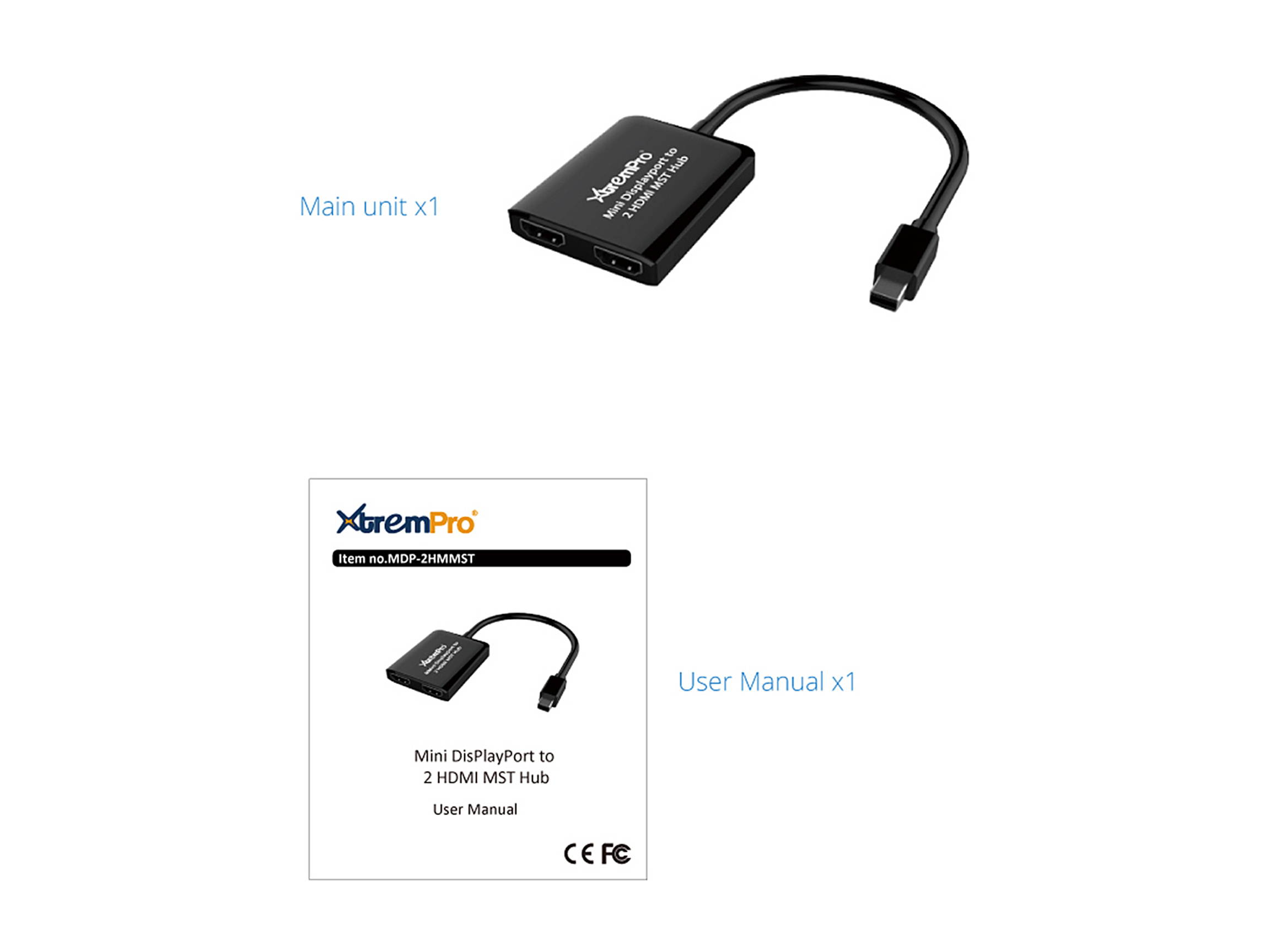 XtremPro MDP-2HMMST Mini DisplayPort to 2 HDMI MST Hub High Def Audio Video Adapter