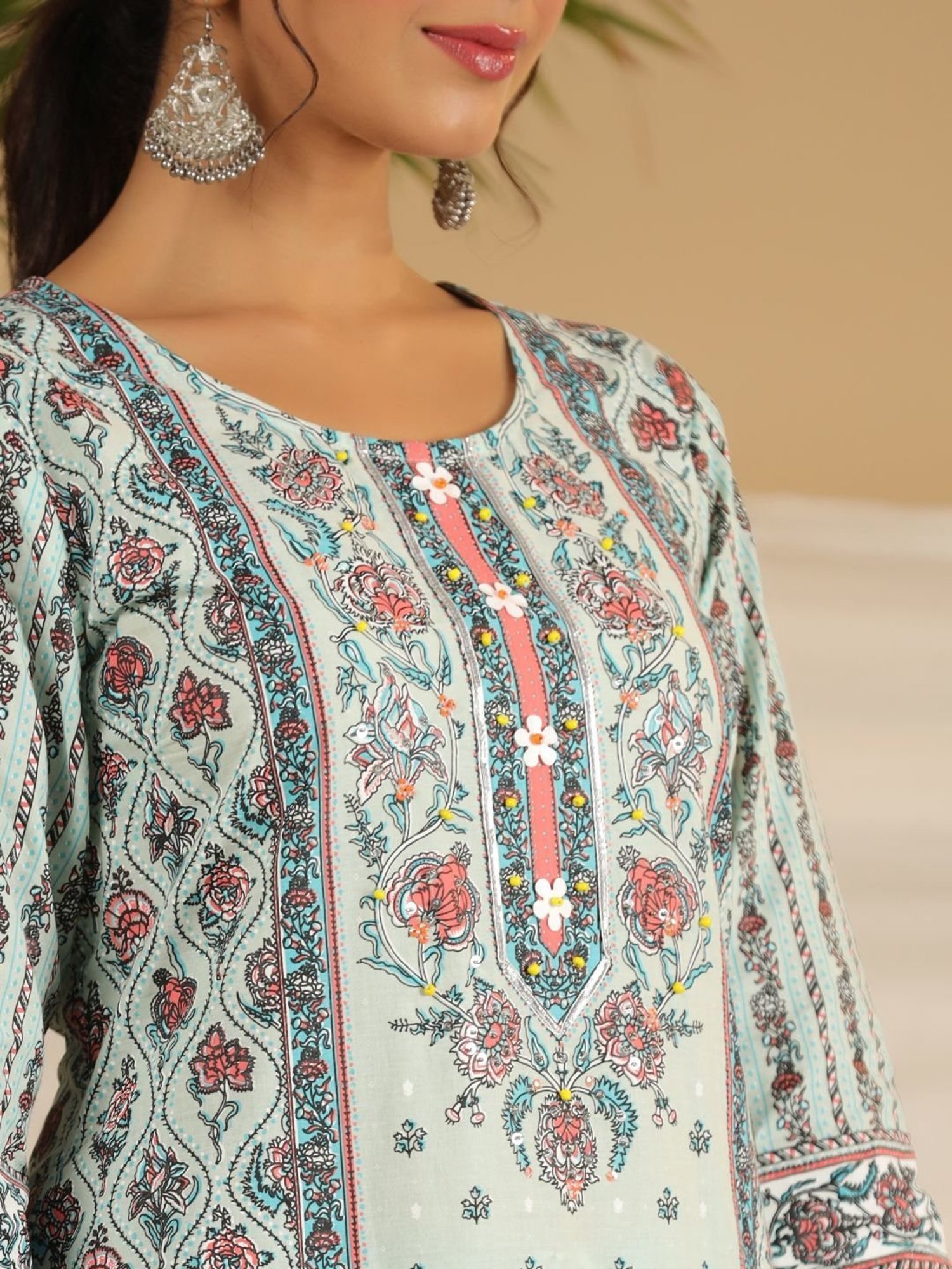 Juniper Mint Ethnic Motif Print Cotton Kurta Palazzos & Kota Doria Dupatta With Beads & Sequins