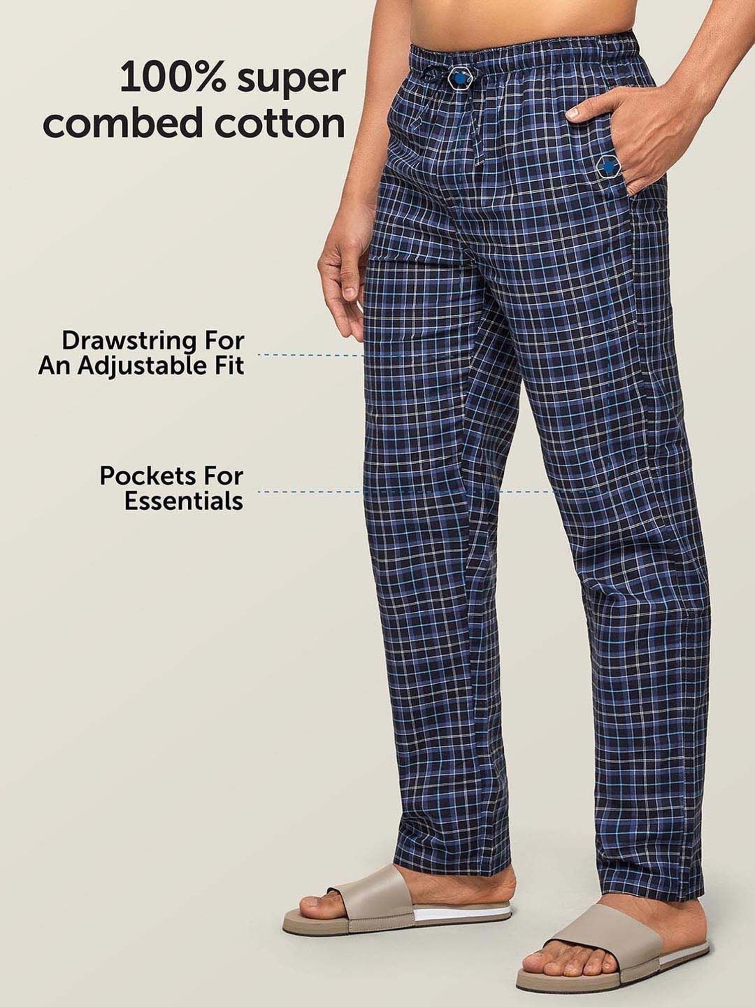 XYXX Navy Cotton Regular fit Checks Pyjama