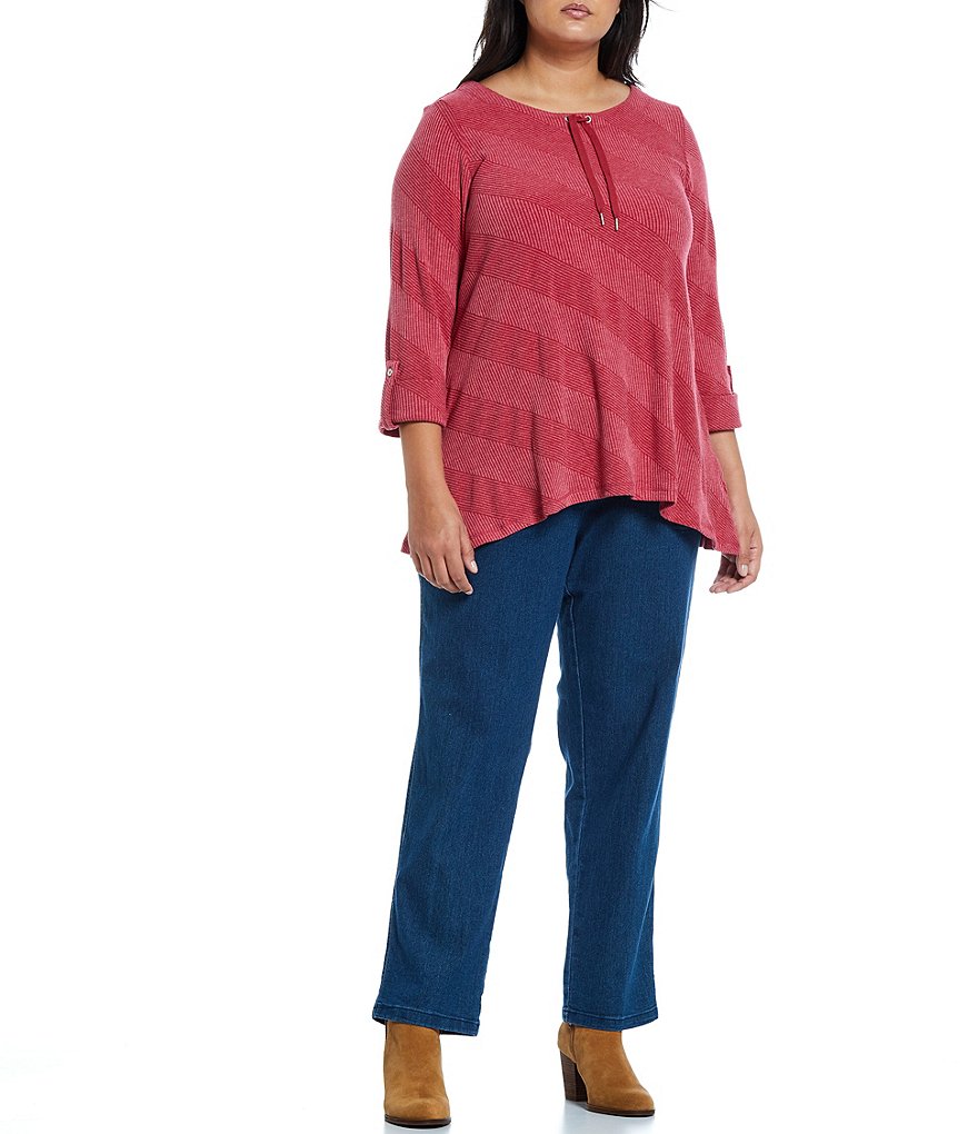 Allison Daley Plus Knit 3/4 Sleeve Rib Pattern Drawstring Round Neck Top