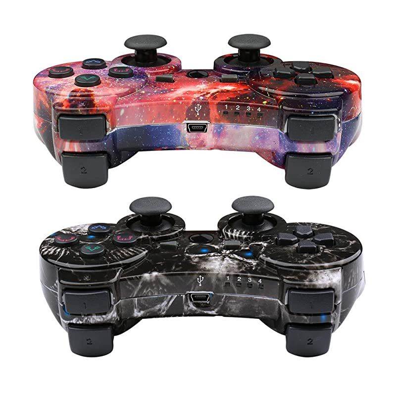 PS3 Controller 2 Pack Wireless Dual Shock Gamepad for Sony Playstation 3 with Charging Cord Skull + Galaxy