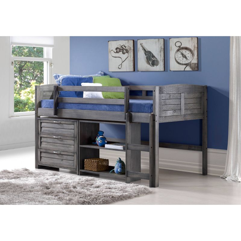 Louver Low Loft Bed with 3 Drawer Chest and Bookcase Antique Gray - Donco Kids