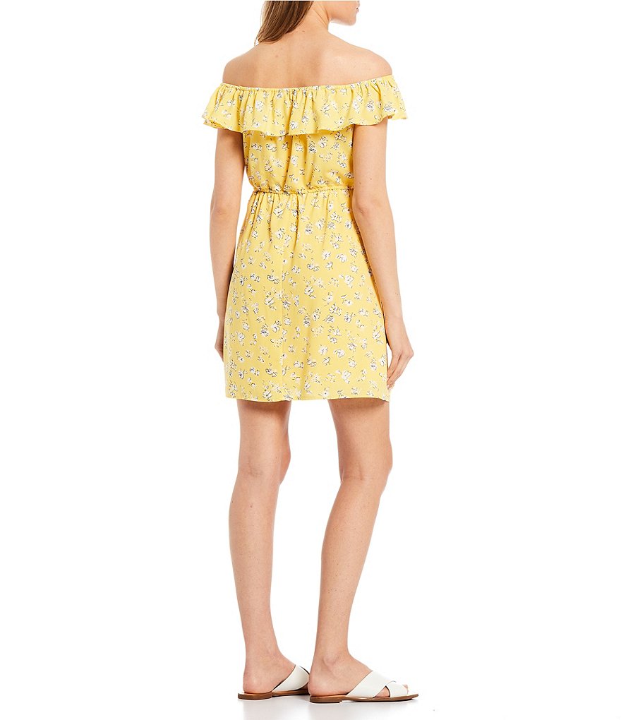 City Vibe Off-the-Shoulder Ditsy Ruffle Faux-Wrap Dress