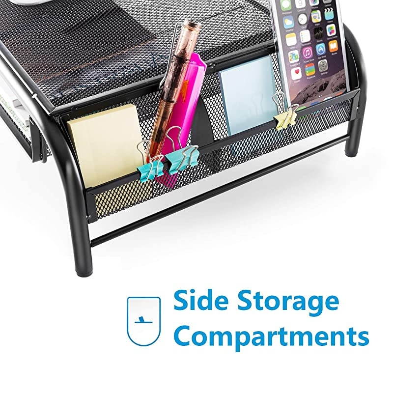 Metal Monitor Stand - Monitor and Printer Desk Riser with Pull Out Storage Drawer and Side Compartment Pockets - Holds up to 44lbs, Black - for Computers, Laptops, Printers (1 Pack)