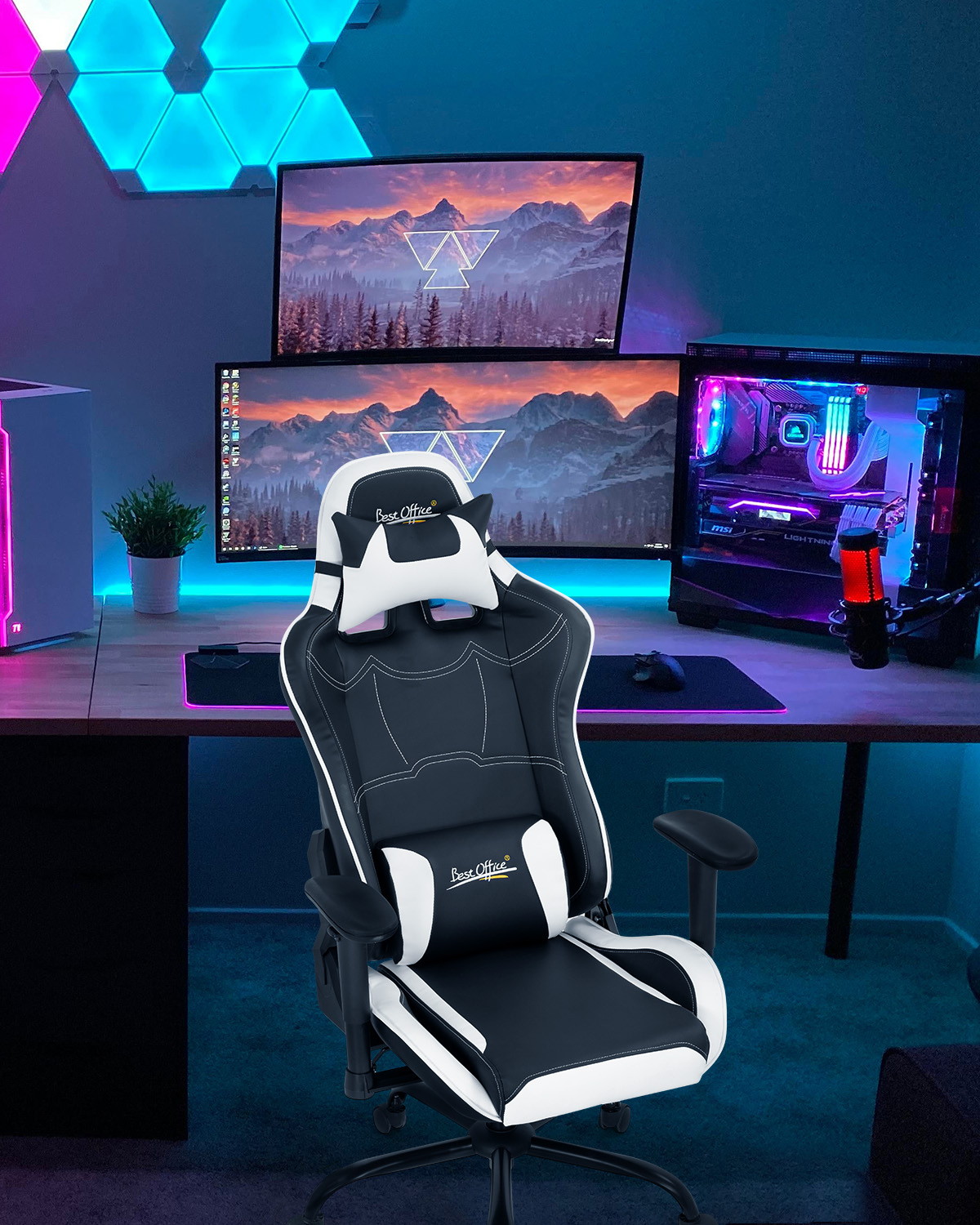 Gaming Chair Racing Chair PC Computer Chair with Lumbar Support Headrest Armrest Task Rolling Swivel Desk Chair Ergonomic PU Leather E-Sports Adjustable Office Chair for Men(White)