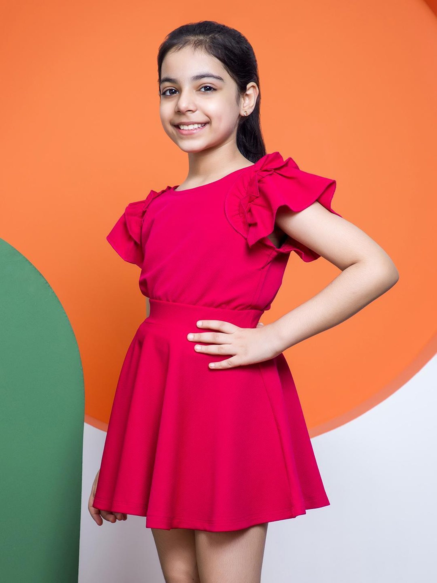 NEUDIS Kids Pink Solid Top with Skirt