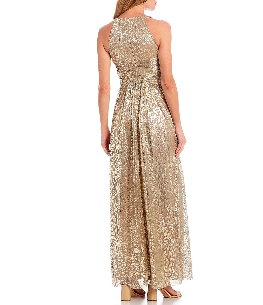 Eliza J Halter Neck Criss-Cross Waist Metallic Animal Print Gown