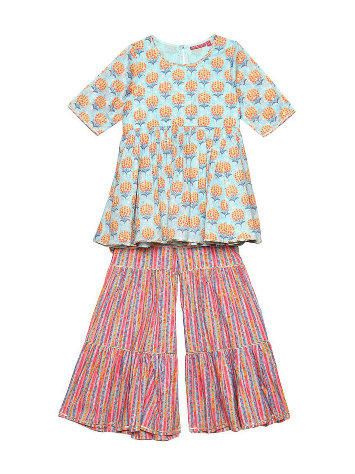 BIBA Girls Blue & Pink Cotton Printed Kurta Set