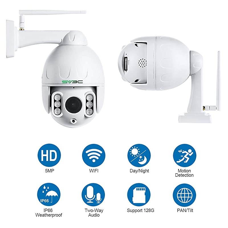 PTZ WiFi Outdoor Camera,  5MP Super HD 355 &deg; 5X Optical Zoom Outdoor Security Cam, 196ft Night Vision, Humanoid Detection, 2 Way Audio, IP66 Waterproof, Work with NVR Blueiris,128GB SD Card Slot