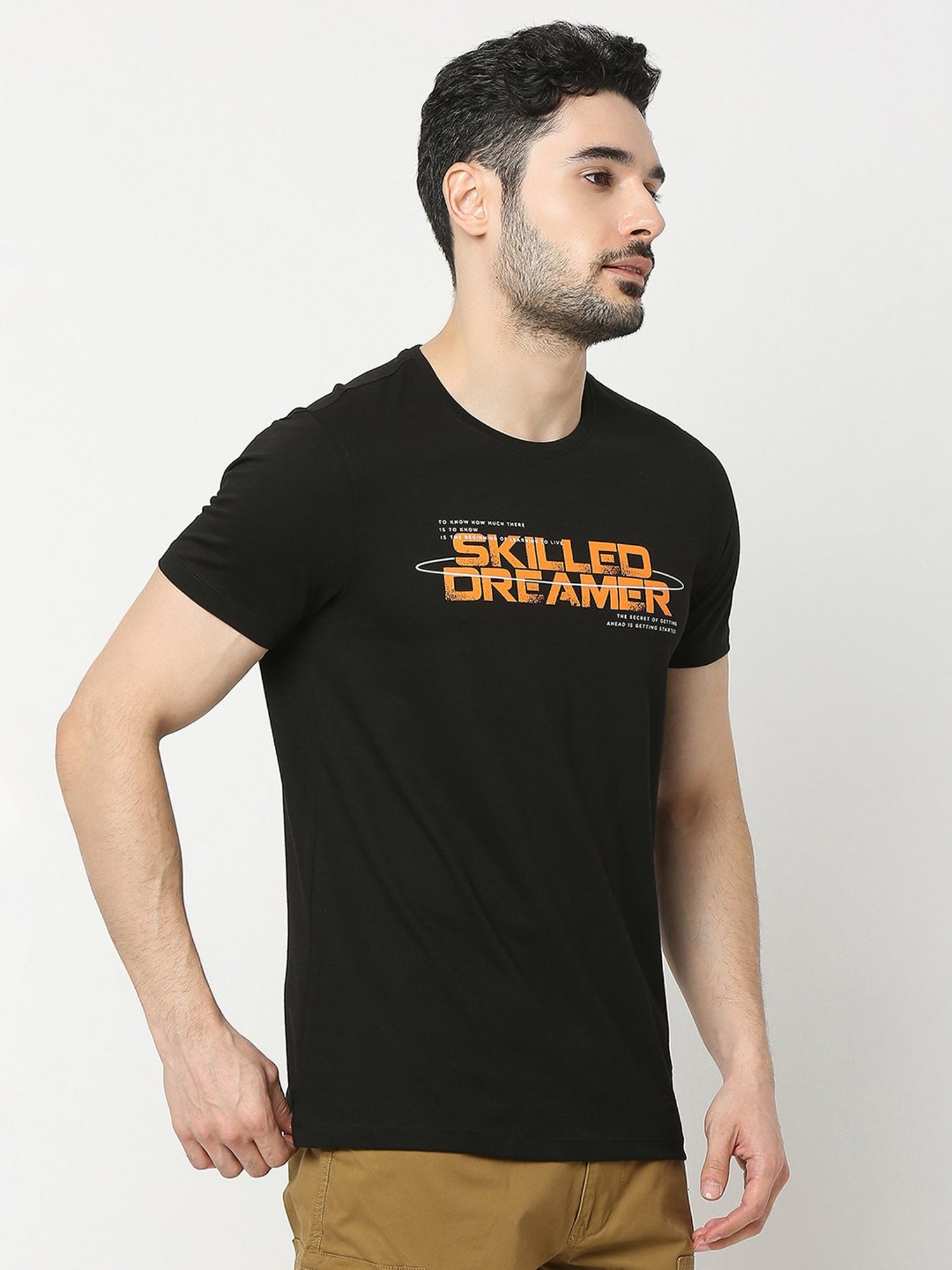 UnderJeans by Spykar Black Regular Fit Printed Cotton Crew T-Shirt