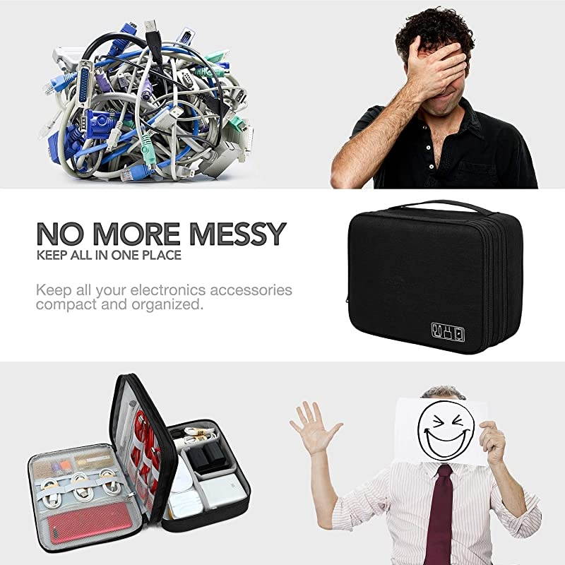 Layer Electronic Organizer with Cable Straps Travel Universal Cable Organizer Electronics Accessories Cases for Cable Charger Phone USB SD Card Black