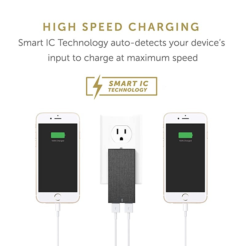 Smart Charger - Slim 2-Port Foldable USB-A Universal Wall Charger with Smart IC Technology - Quick Charging Compatible with iPhone, iPad, Smartphones and Tablets (Taupe/Fabric)