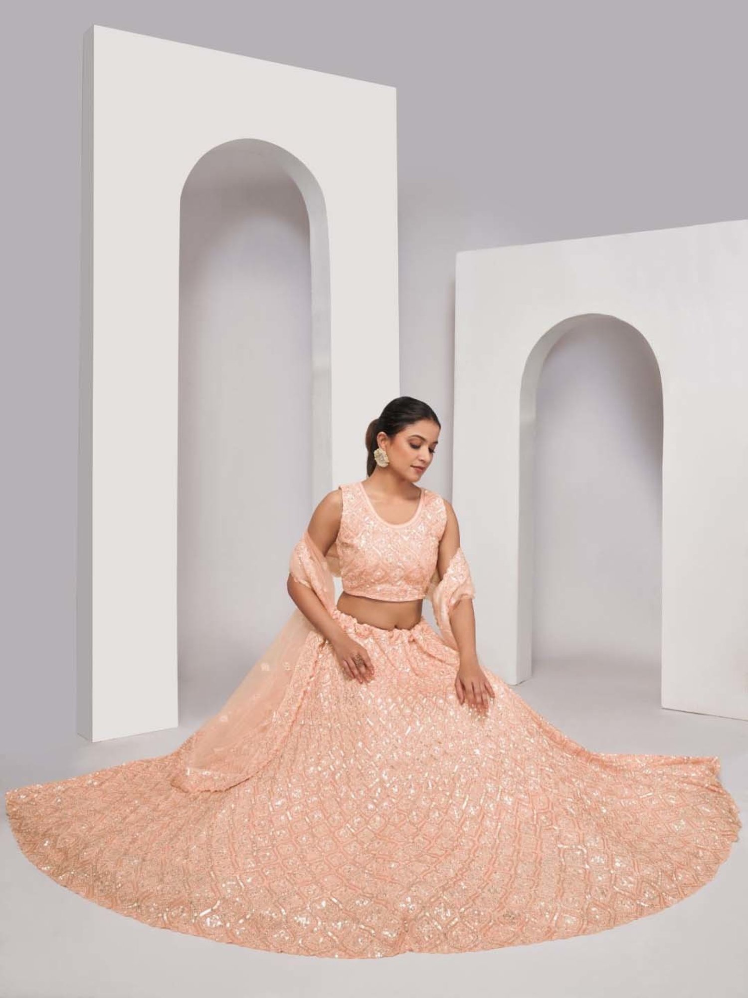 Odette Peach Embroidered Lehenga Choli Set With Dupatta