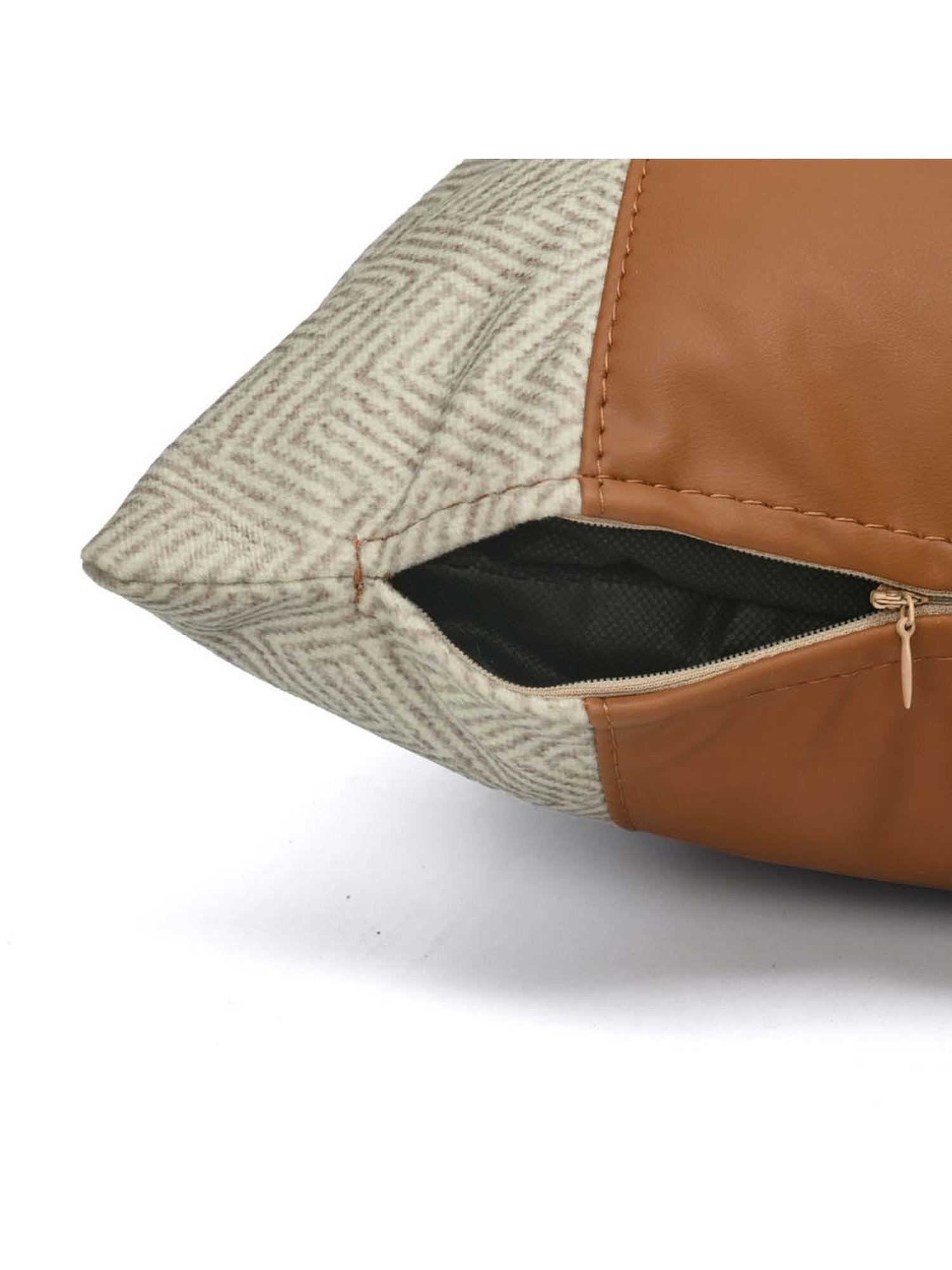 @home Beige & Brown Leather Cushion Cover With Zipper