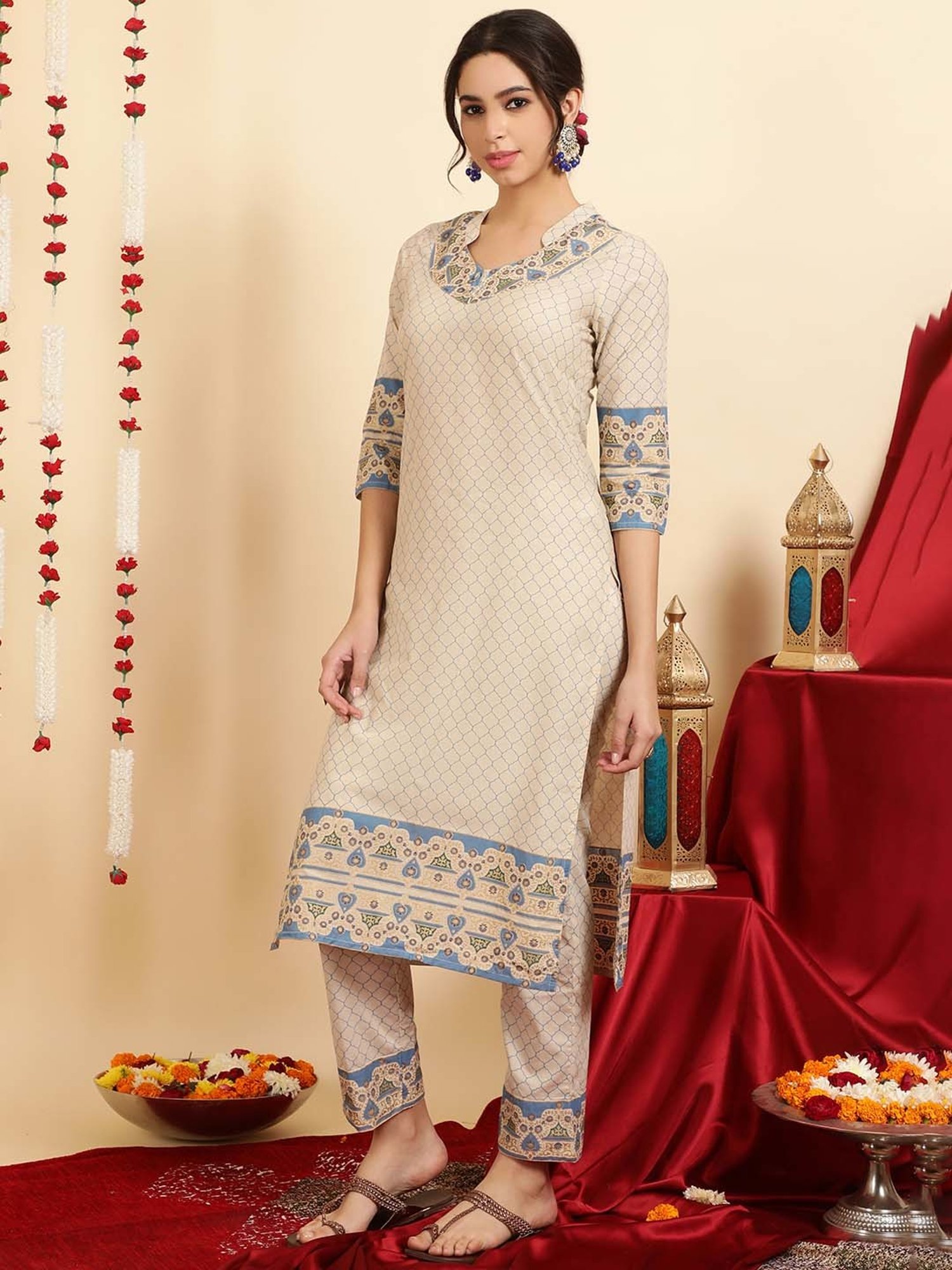 Jaipur Kurti Blue & Beige Cotton Printed Kurta With Pant & Dupatta