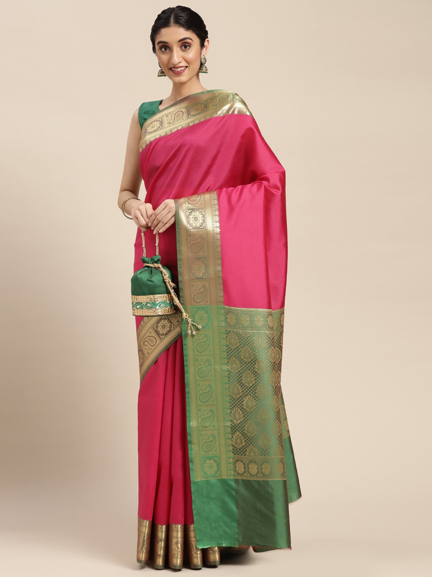 Banarasi Silk Works Pink Woven Saree With Unstitched Blouse