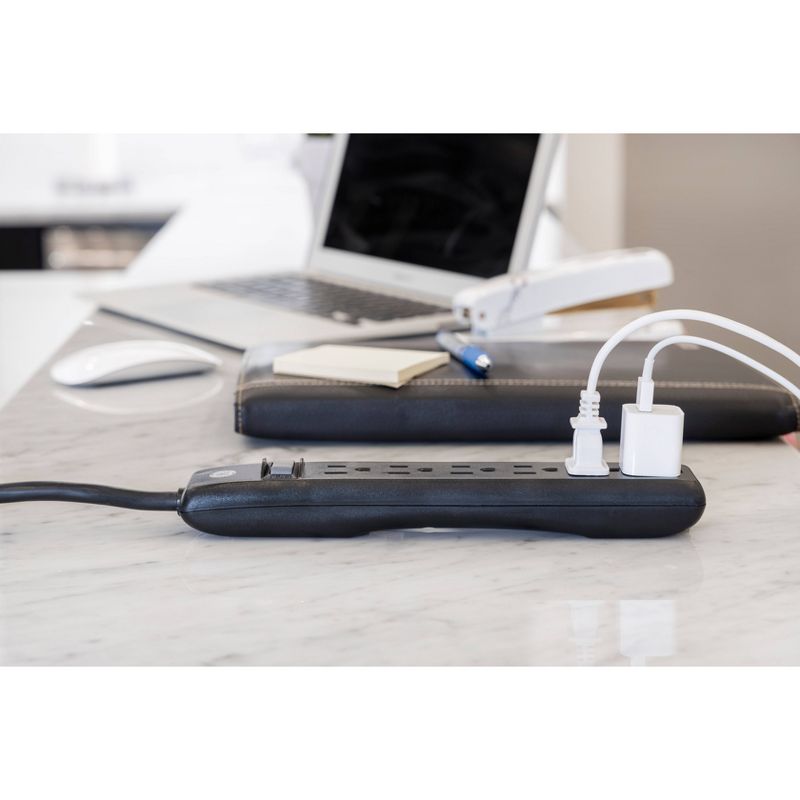 General Electric 2pk 3' Extension Cord With 6 Outlet Surge Protector Black
