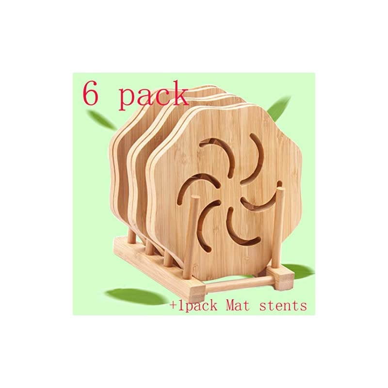 Natural Bamboo Trivet Mat Set,storage rack Anti-Hot Heat Resistant Pads for Hot Dishes/Pot/Bowl/Teapot/Hot Pot Holders(2 side.2 circle.1 storage rack.) (Bamboo Trivet - 6 pac)