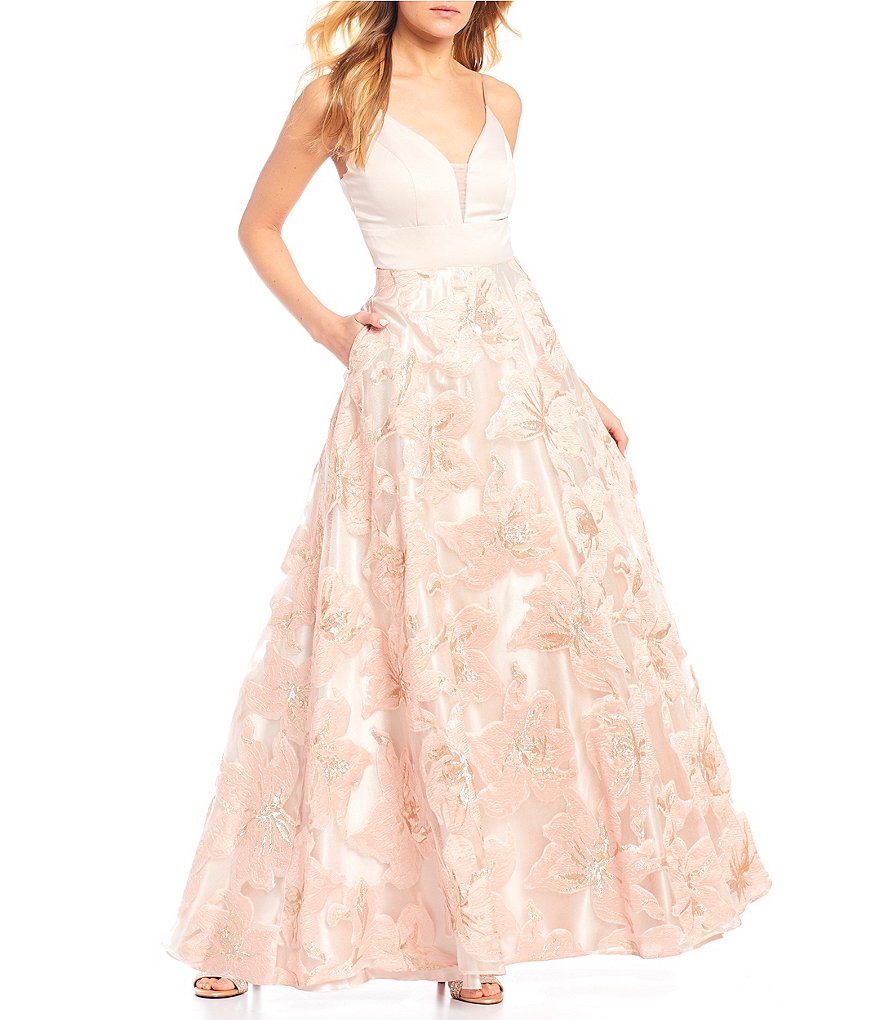 Sequin Hearts Spaghetti Strap Lace-Up Back Burn-Out Organza Skirt Ball Gown