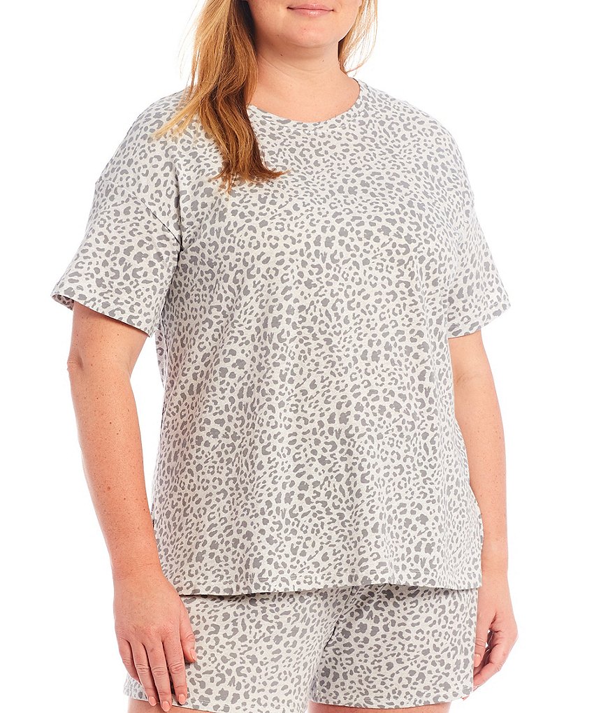 Jasmine & Ginger Plus Leopard Print Jersey Knit Coordinating Short Sleeve Jewel Neck Sleep Tee
