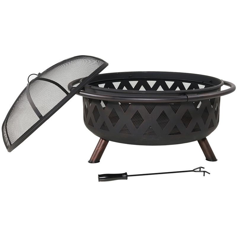 Sunnydaze Outdoor Camping or Backyard Round Crossweave Cut Out Fire Pit with Spark Screen, Log Poker, and Cover - 36"