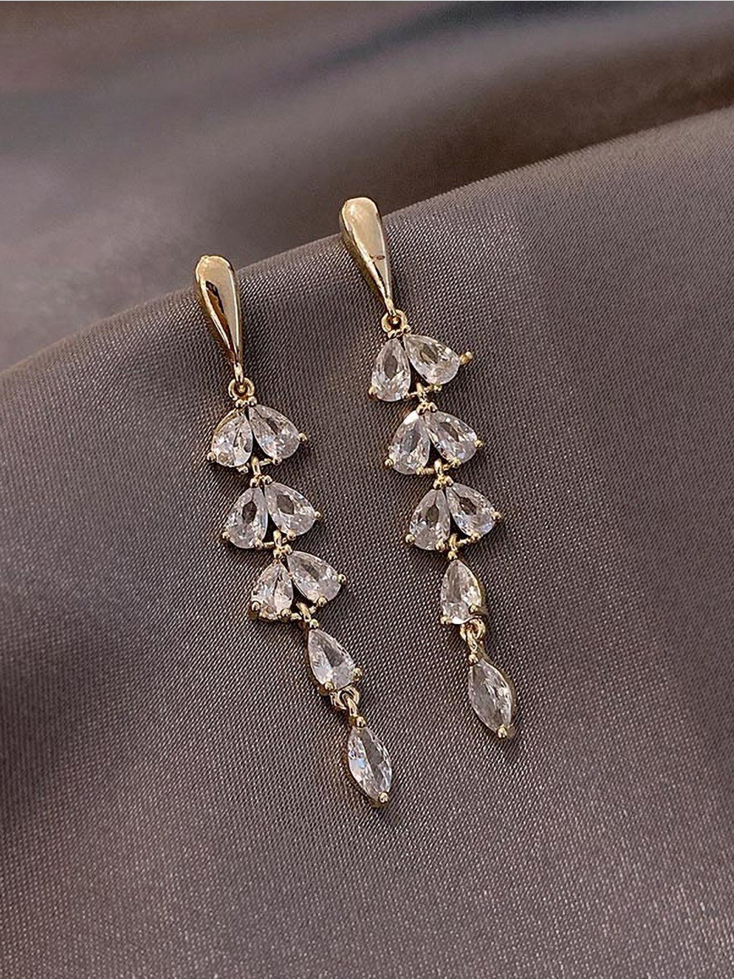 OOMPH Golden Tone Cubic Zirconia Leaf Shape Fashion Drop Earring for Women