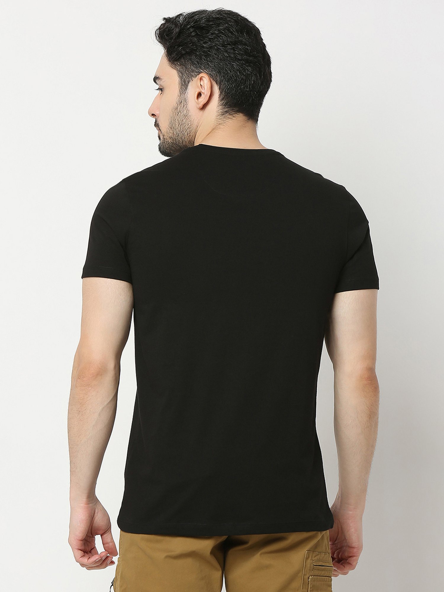 UnderJeans by Spykar Black Regular Fit Printed Cotton Crew T-Shirt