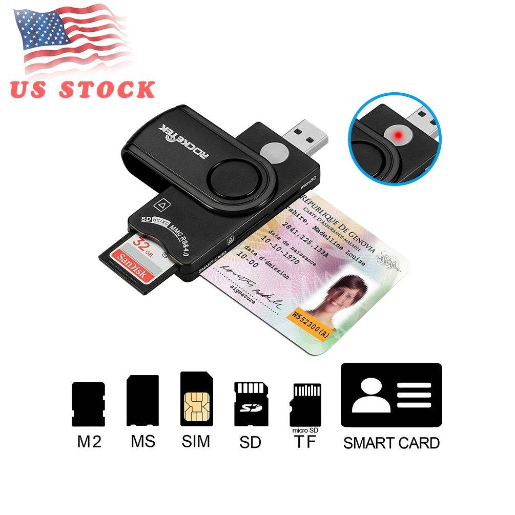 EC2WORLD USB Smart Card Reader, Rocketek Memory Card Reader with SDHC/SDXC/SD Card Reader & Micro SD Card Reader for SIM and MMC RS & 4.0 Compatible with Windows, Linux/Unix, MacOS X