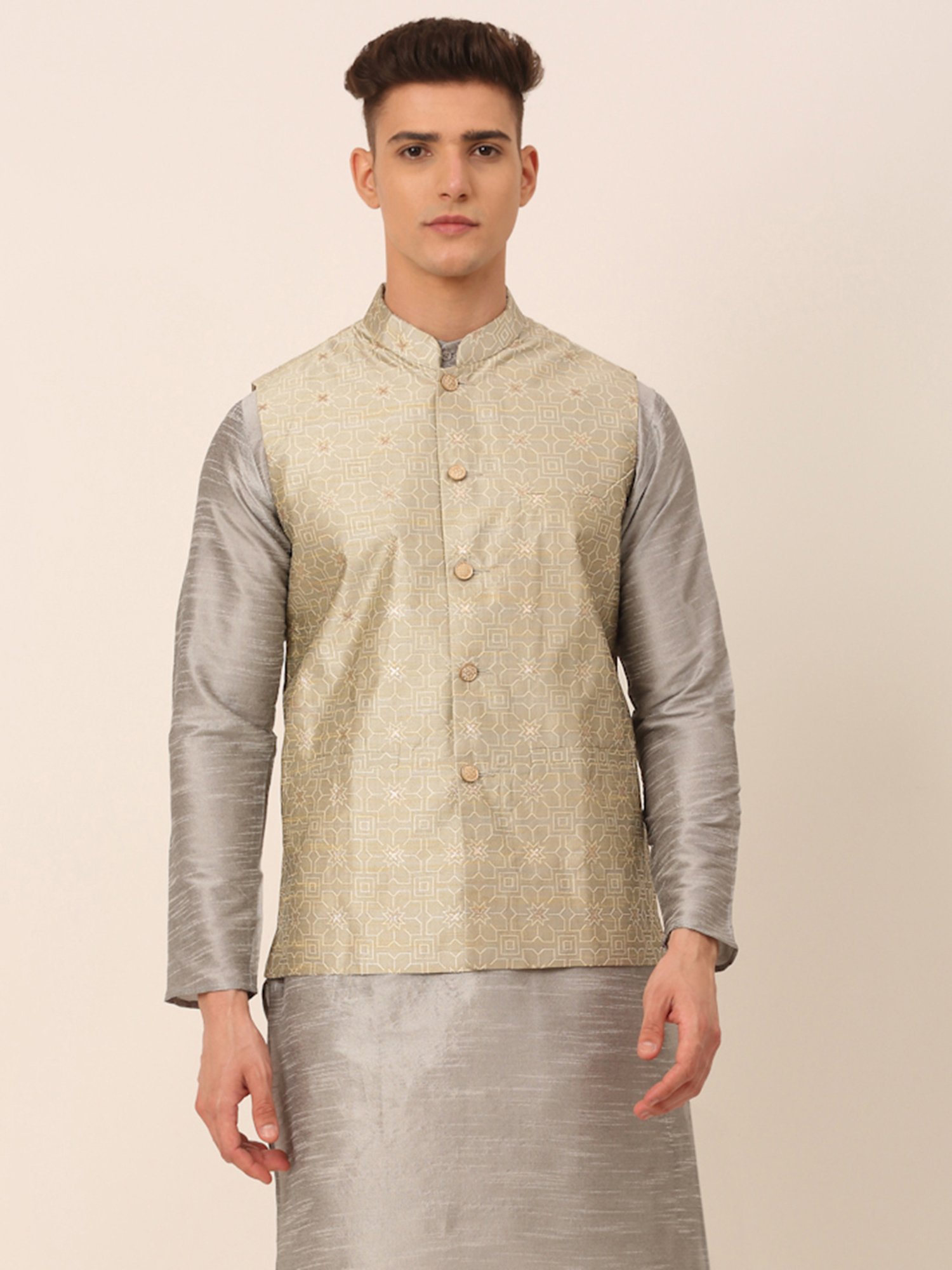 Jompers Beige Regular Fit Embroidered Nehru Jackets