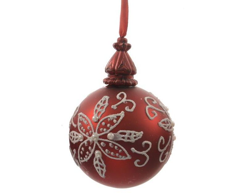 Kaemingk 3.25" Floral Design Glass Ball Christmas Ornament - Red/White
