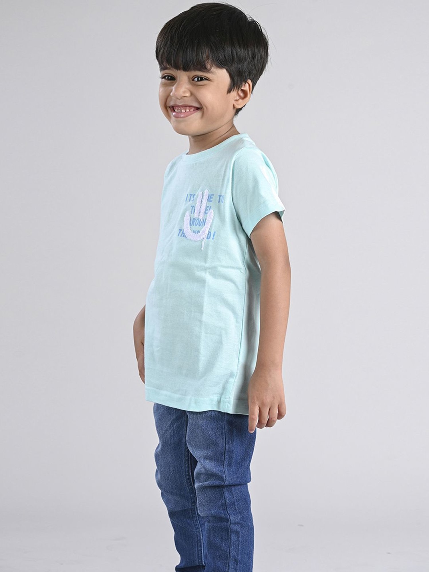 Tales & Stories Kids Aqua Blue Cotton Embroidered T-Shirt