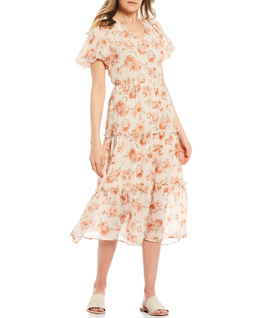 Blu Pepper Floral Button Front Short Balloon Sleeve Tiered Midi Dress