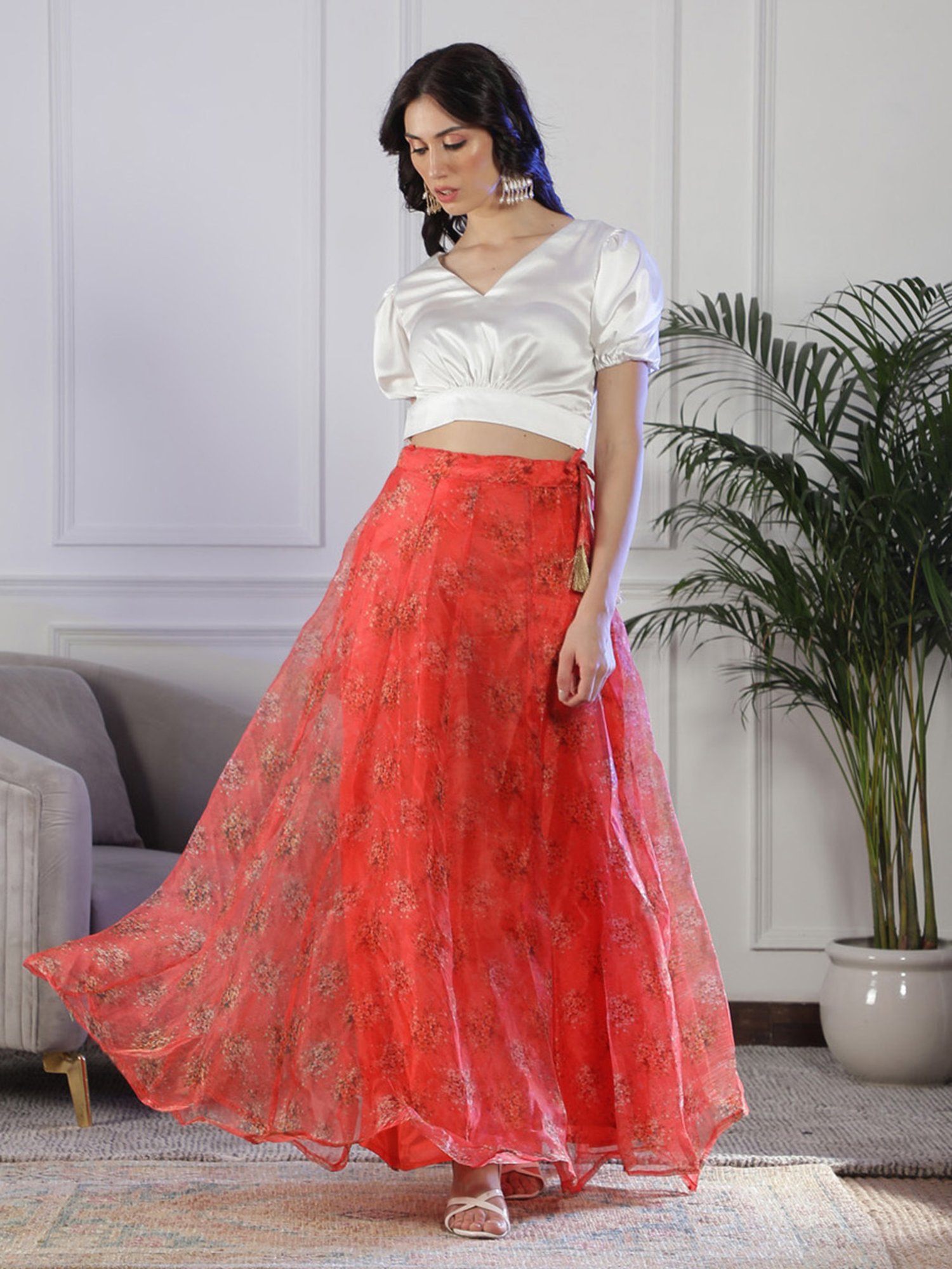 NEUDIS Red Floral Print Maxi Lehenga Skirt