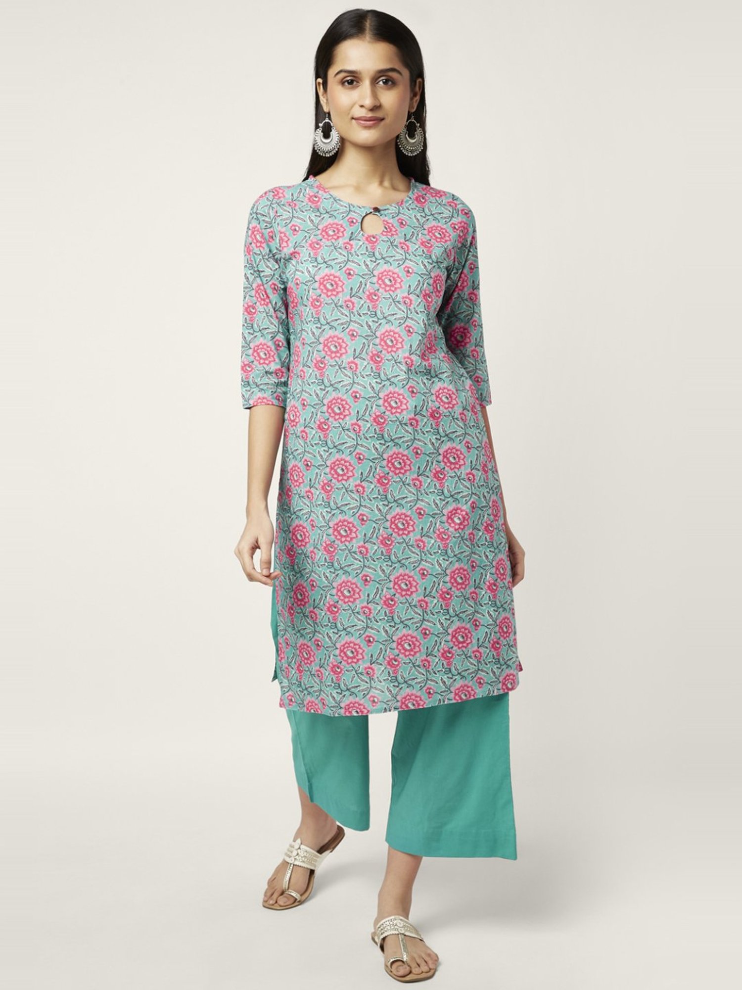 Rangmanch by Pantaloons Turquoise Cotton Floral Print Kurta Palazzo Set