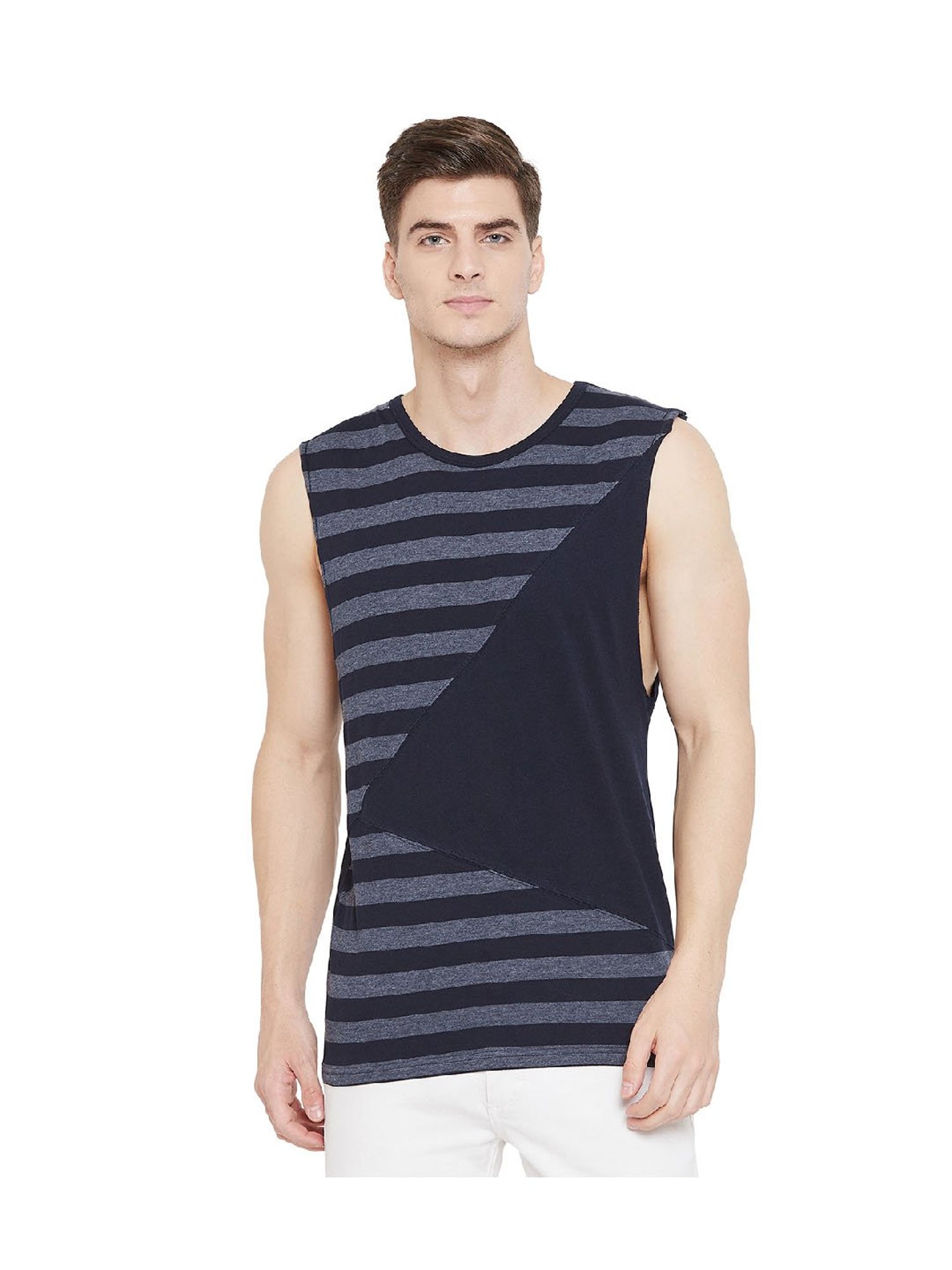 Hypernation Blue & Grey Stripes Cotton T-Shirt