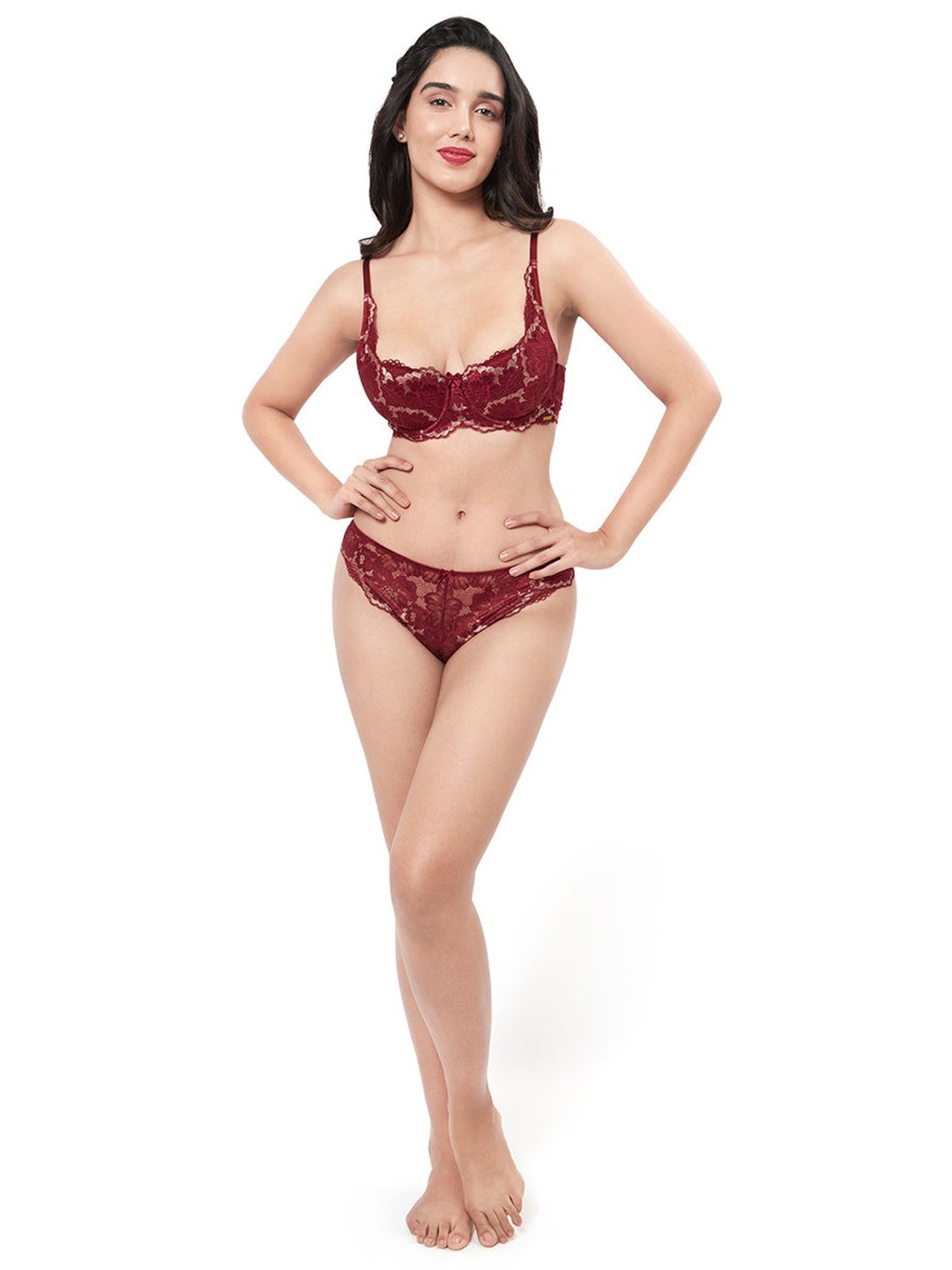 Amante Maroon Lace Pattern Balconette Bra