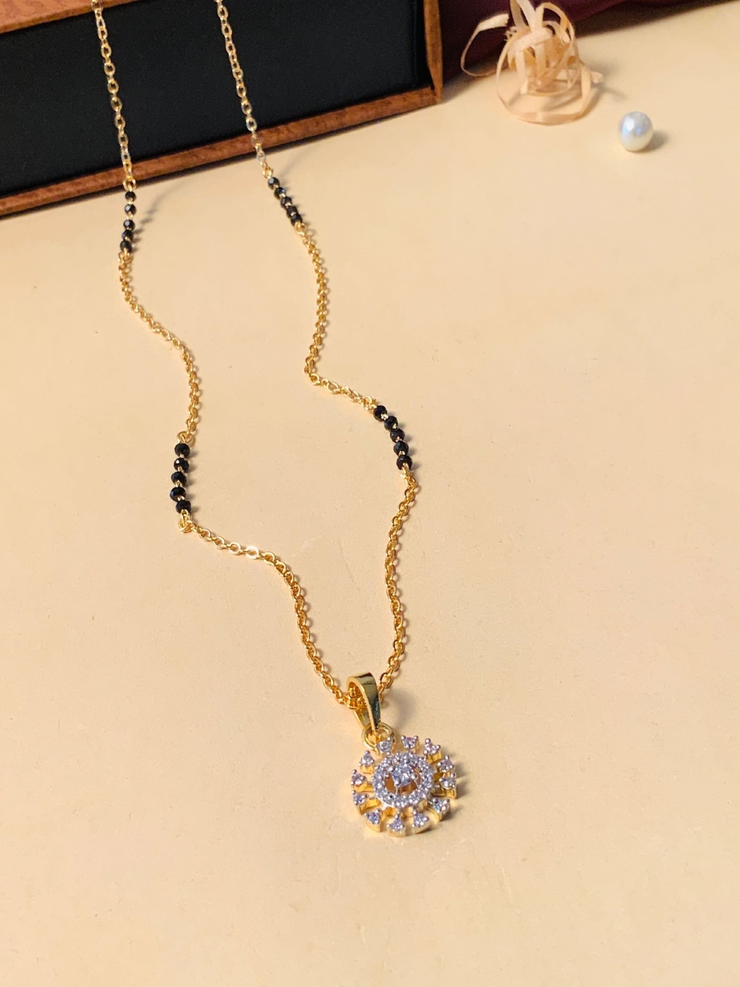 Abdesigns Gold-Plated American Diamond & Black Beaded Mangalsutra