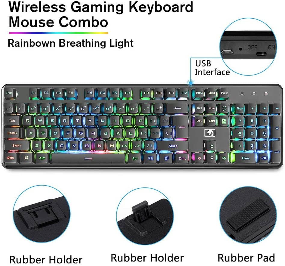 Rechargeable Keyboard and Mouse,Suspended Keycap Mechanical Feel Backlit Gaming Keyboard Mice Combo,Wireless 2.4G Drive Free,Adjustable Breathing Lamp,Anti-ghosting,4800 mAh Battery for Laptop Pc Mac
