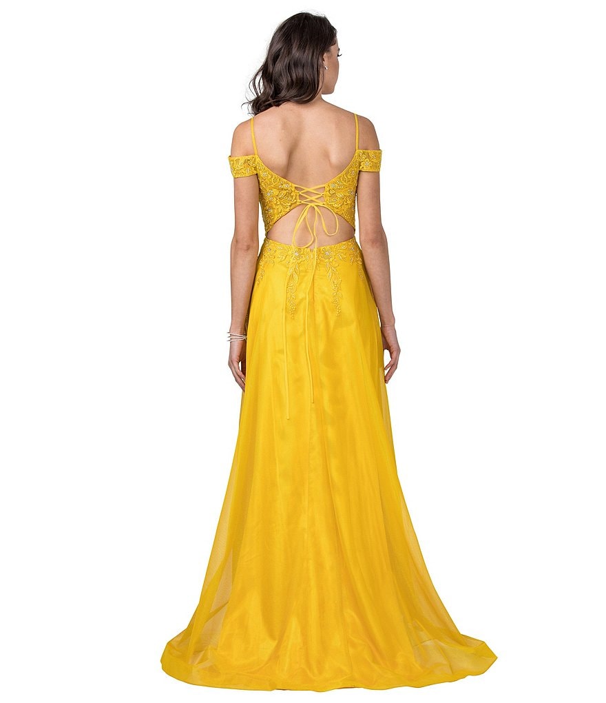 Coya Collection Off-The-Shoulder Lace-Up Back Embroidered Bodice Shimmer Ball Gown