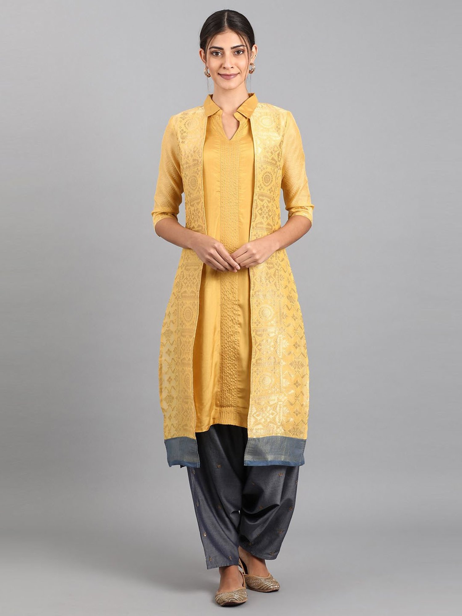 W Yellow Printed Straight Double Layered Kurta