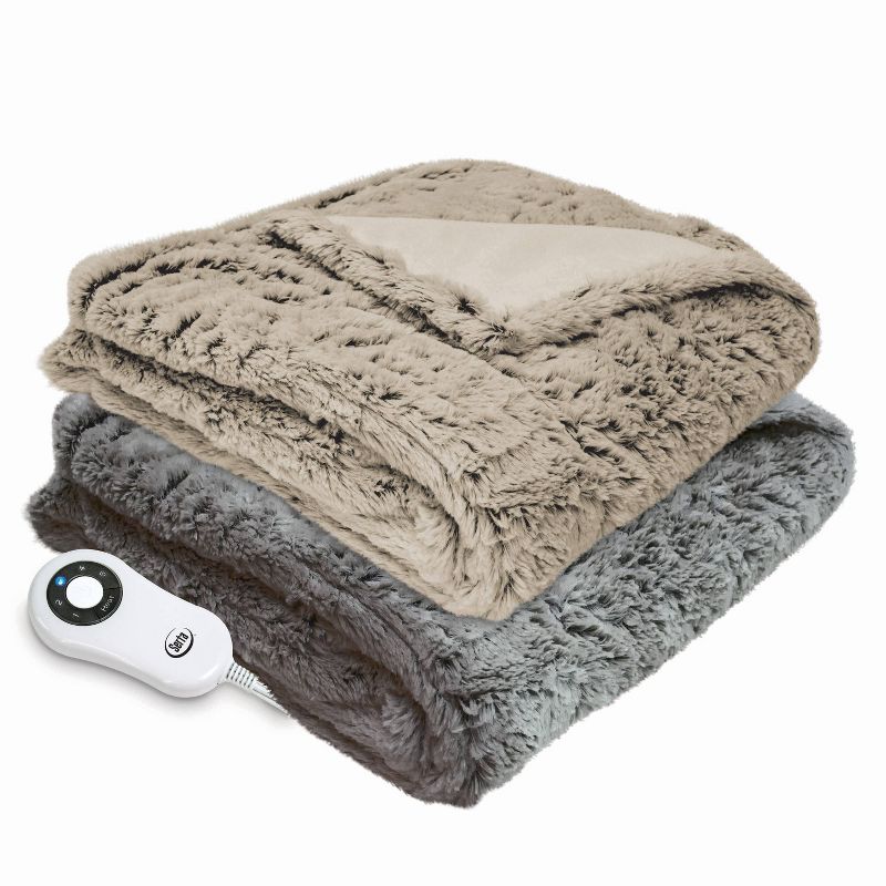 50" x 60" Frosted Faux Fur Electric Throw Blanket Taupe - Serta