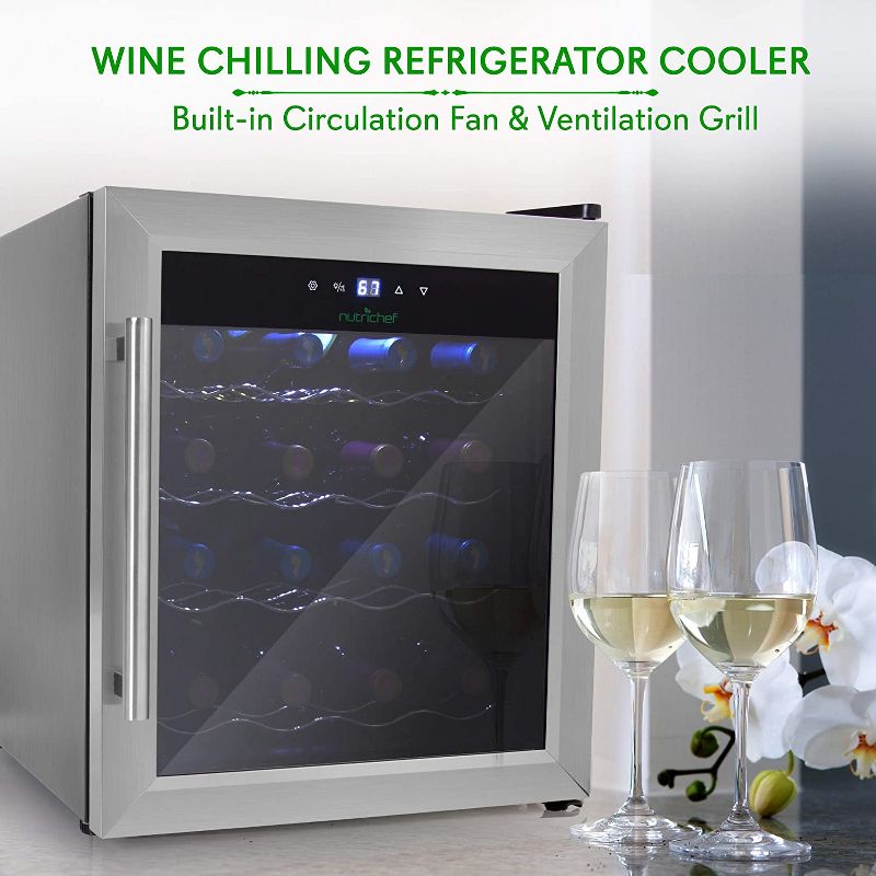 NutriChef Digital Electric 16 Bottle Adjustable Temperature Thermoelectric Freestanding Wine Chiller Cooler Cabinet Fridge, Black