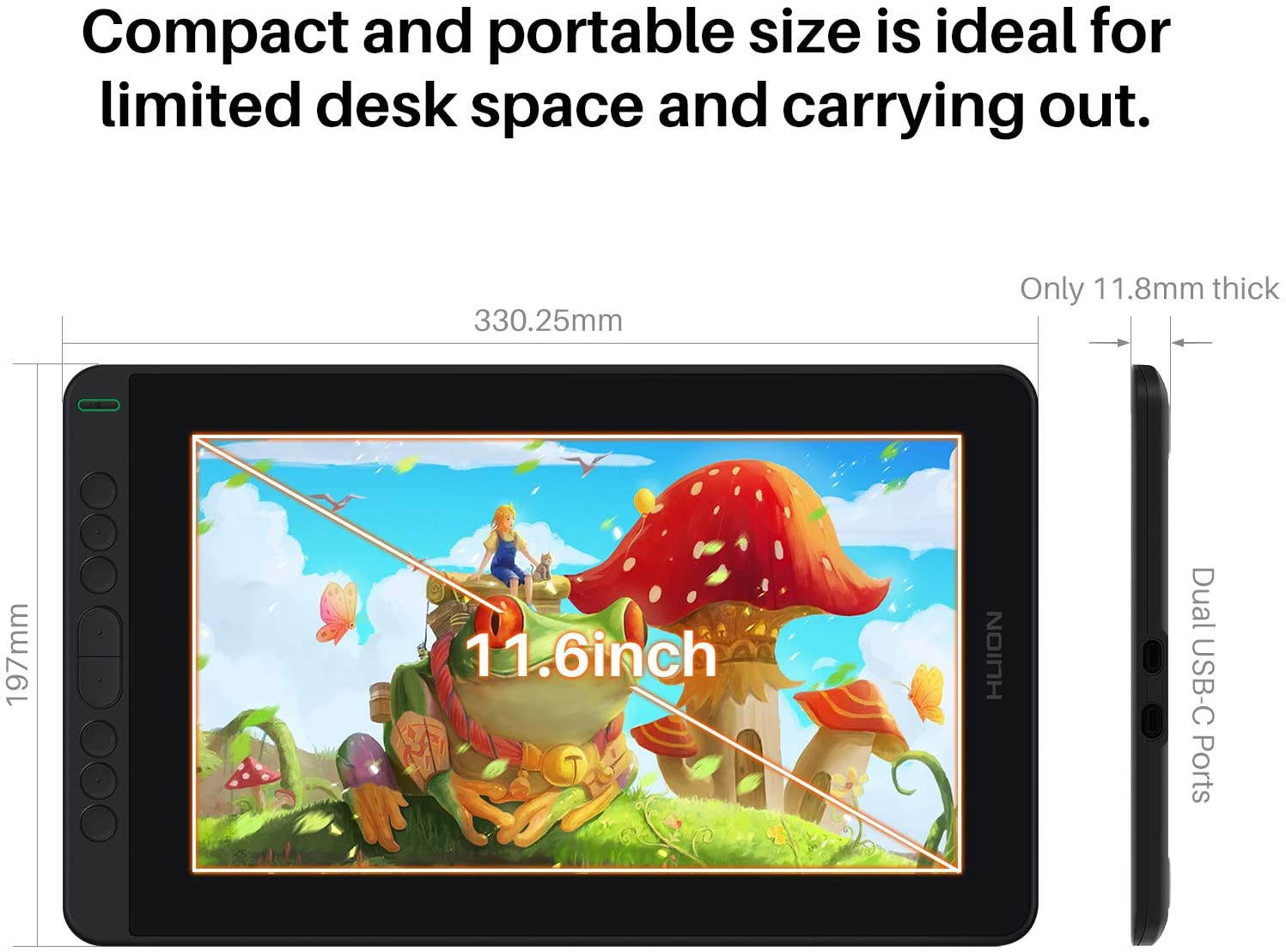 2021 HUION KAMVAS 12 Full Laminated Graphics Drawing Tablet with Screen Android Support Battery-Free Stylus Tilt 20 Pen Nibs, Black