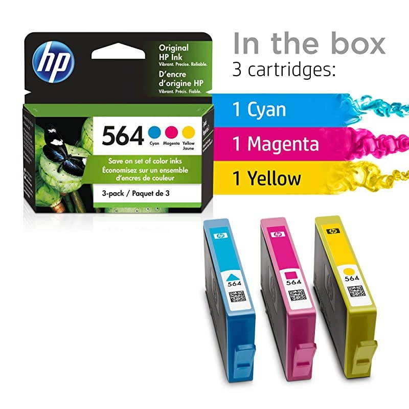 564 | 3 Ink Cartridges | Cyan, Magenta, Yellow | For  DeskJet 3500 Series,  OfficeJet 4600 5500 C6300 6500 7500 Series, B8550 D7560 C510 B209 B210 C309 C310 C410 C510 | CB318WN CB319WN CB320WN